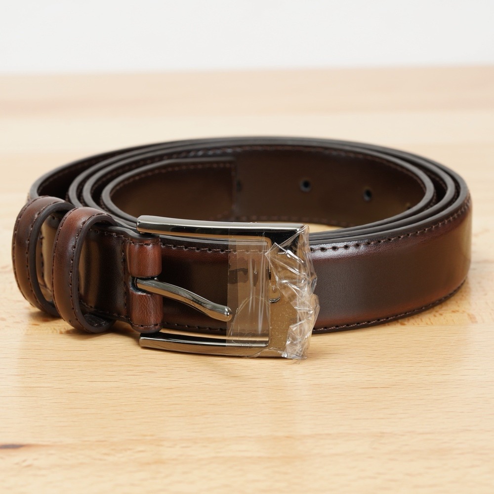 Men's Leather Dress Belt 44" Coffee Brown Classic Stitched 1.1" Wide Buckle - Picture 6 of 12